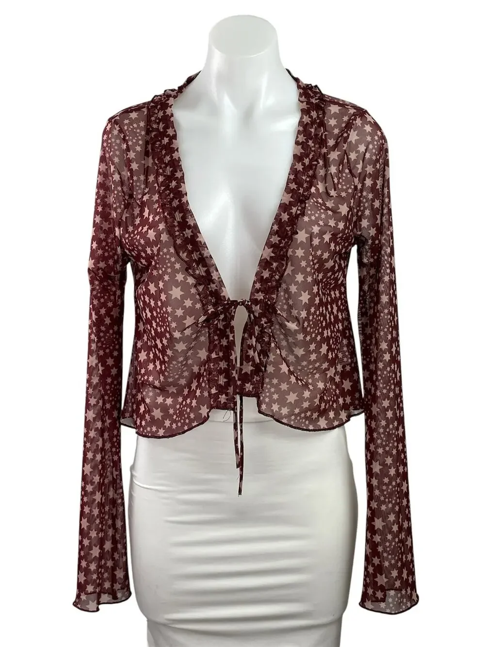 Free People Marne Purple Mesh Sheer Star Ruffles Long Sleeve Crop Cardigan Top M